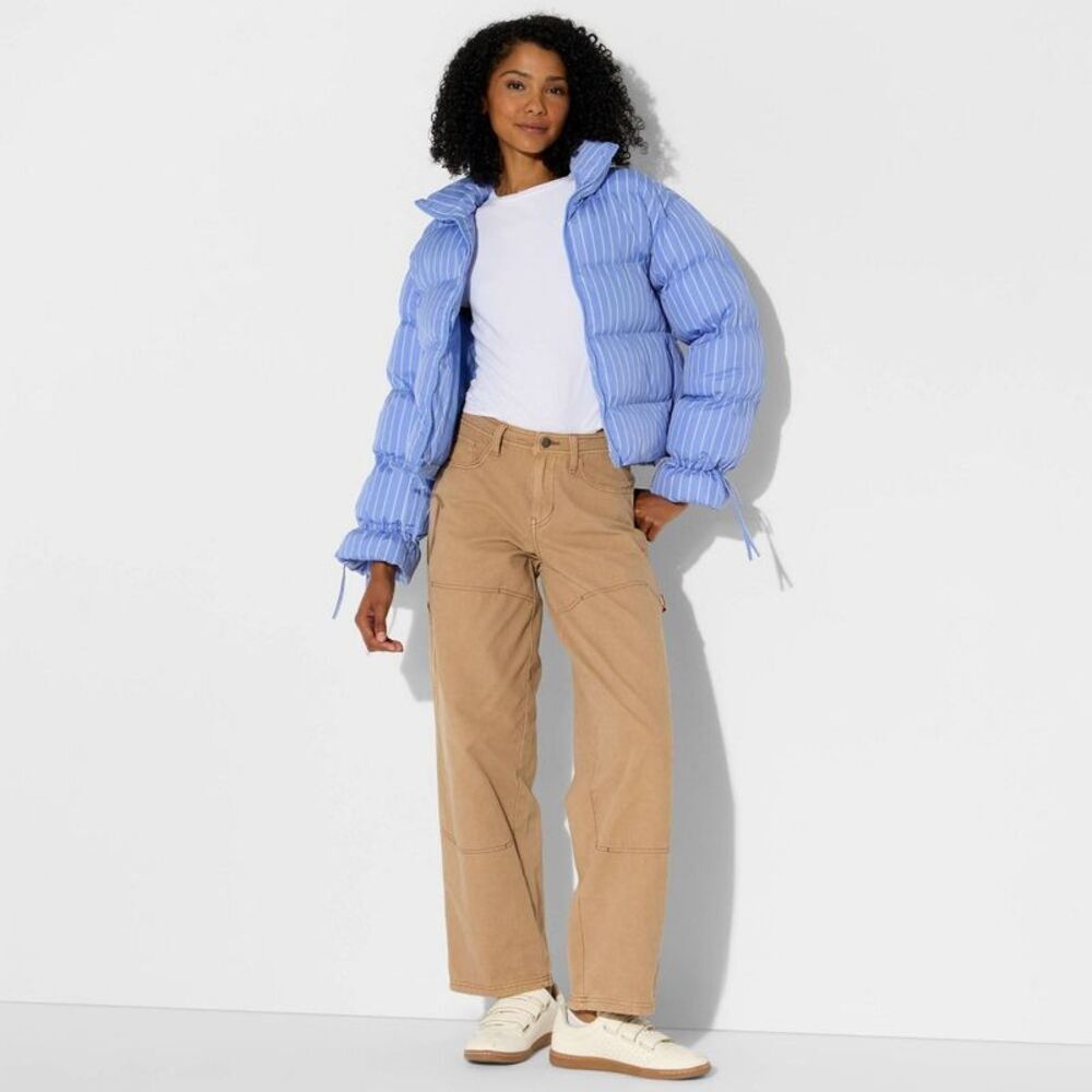 Women's Bow Puffer Jacket - Wild Fable Blue Striped M